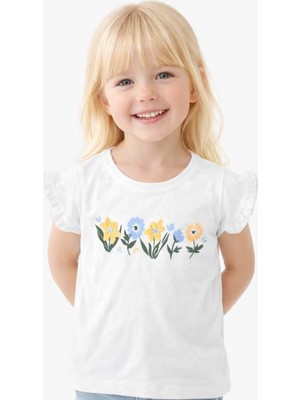 Noone Kız Çocuk Kır Çiçeği Baskılı Fırfır Kollu T-Shirt | Bisiklet Yaka | 6 Renk