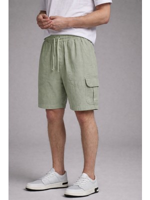 Damga Erkek Beli Lastikli Günlük Kargo Cep A.yeşil Keten Şort