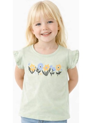 Noone Kız Çocuk Kır Çiçeği Baskılı Fırfır Kollu T-Shirt | Bisiklet Yaka | 6 Renk