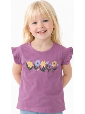Noone Kız Çocuk Kır Çiçeği Baskılı Fırfır Kollu T-Shirt | Bisiklet Yaka | 6 Renk