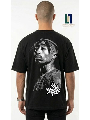 Von Labas Siyah Oversize Unisex Tupac Grafik Baskılı Pamuklu Streetwear Tişört