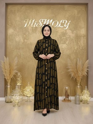 Mismoly Modern Desenli Düğmeli Rahat Kalıp Uzun Tesettür Elbise