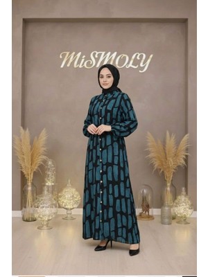 Mismoly Modern Desenli Düğmeli Rahat Kalıp Uzun Tesettür Elbise