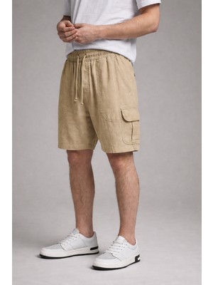 Damga Erkek Beli Lastikli Günlük Kargo Cep Bej Keten Şort