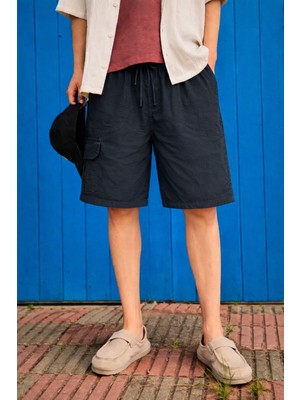 Damga Erkek Premium Bol Kargo Cepli Siyah Keten Şort