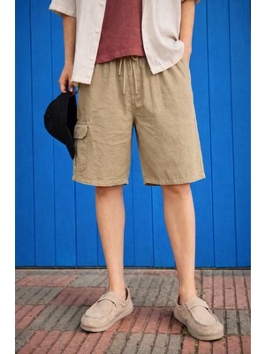 Damga Erkek Premium Bol Kargo Cepli Bej Keten Şort