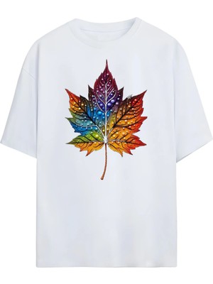 Von Labas Canlı Renklerde Yaprak Desenli Oversize Tişört (Vibrant Colored Leaf Pattern Relaxed T-Shirt)