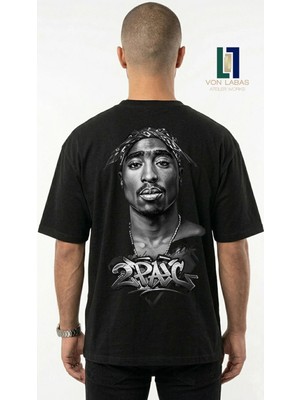 Von Labas Siyah Oversize Unisex Tupac Grafik Baskılı Pamuklu Streetwear Tişört