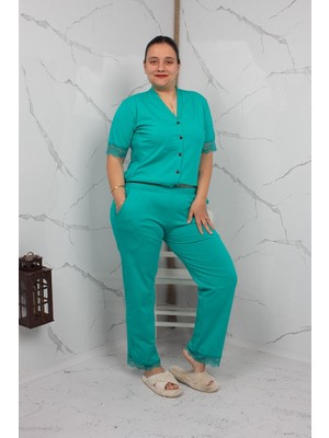 Truva Xxl Kadın Yeşil Pijama Takımı - Kısa Kol & Dantel Detaylı