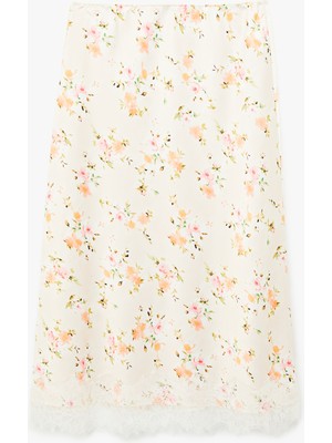 Koton Dantel Detaylı Çiçekli Kloş Midi Saten Etek