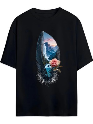 Von Labas Sanatsal Tüy Desenli Oversize Tişört (Artistic Feather Pattern Oversize T-Shirt) (Relaxed Kalıp)