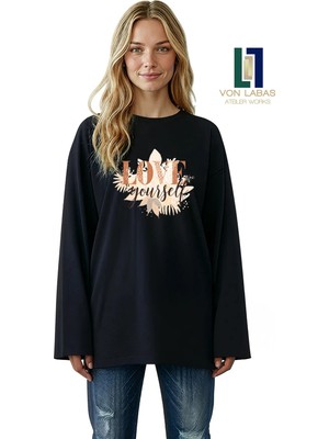 Von Labas Geniş Kol Oversize Uzun Kollu Siyah Tshirt %100 Pamuklu Basic Yazlık