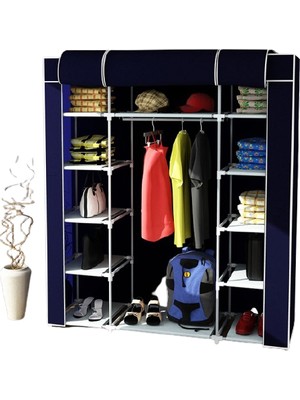 Trioport Çift Yandan Raflı Bez Dolap 2 Kapılı Geniş Depolama Alanı Lacivert Kumaş Ayna Yok