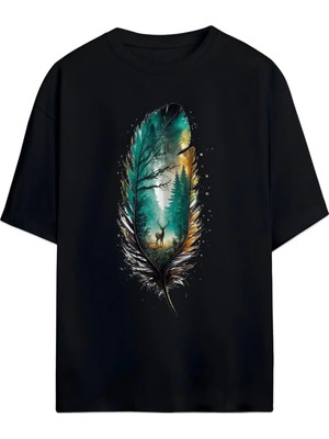 Von Labas Sanatsal Tüy Desenli Oversize Tişört (Artistic Feather Pattern Oversize T-Shirt) (Relaxed Kalıp)