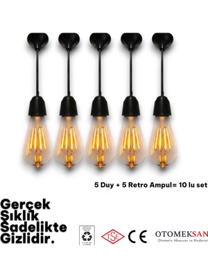 Otomeksan 10’lu Set Retro Ampul ve Duy Seti E27 Uyumlu Siyah Sarkıt Avize Başlığı 5 Duy + 5 Edison Ampul Tak Çalıştır Dekoratif Aydınlatma Ev Kafe Restoran Salon Mutfak Endüstriyel Tasarım