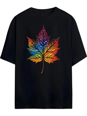 Von Labas Canlı Renklerde Yaprak Desenli Oversize Tişört (Vibrant Colored Leaf Pattern Relaxed T-Shirt)
