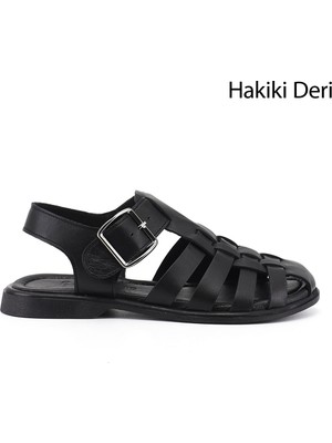 Gönderi(r) Kadın Siyah  Tokalı Bantlı Burnu Kapalı Hakiki Deri Sandalet