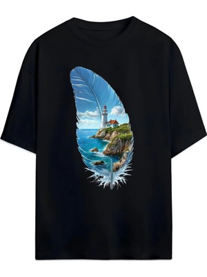 Von Labas Sanatsal Tüy Desenli Oversize Tişört (Artistic Feather Pattern Oversize T-Shirt) (Relaxed Kalıp)