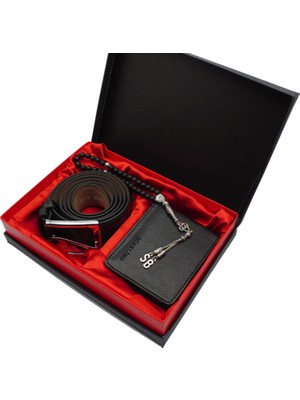 Carlino Erkek Siyah Kemer Cüzdan Hediye Seti Düz Desenli  Suni Deri Aksesuar