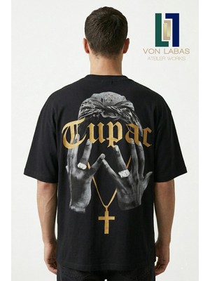 Von Labas Siyah Oversize Unisex Tupac Grafik Baskılı Pamuklu Streetwear Tişört