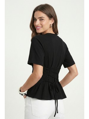Ritnice Kadın Luma Belden Oturan Bağcıklı Ayarlanabilir Pamuk Siyah T-Shirt / Bluz