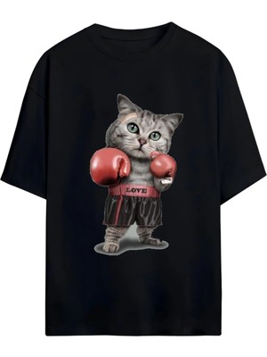 Von Labas Cute Boxer Cat Yüksek Baskı Kaliteli Unısex Yeni Sezon Oversıze Pamuklu  T-Shırt