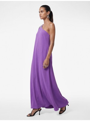 Koton Krep Kumaş Taşlı Aplike Detaylı Tek Omuz Uzun Elbise