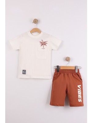 Joy Kids Erkek Çocuk Sırt Baskılı Ön Cepli Relax Takım (Beyaz-Kahve) (3-6yaş)