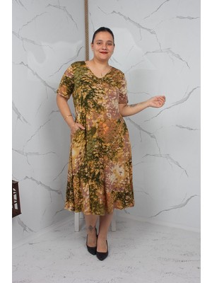 Truva Xxl Midi Boy Pamuklu Yıkamalı Desenli V Yaka Elbise