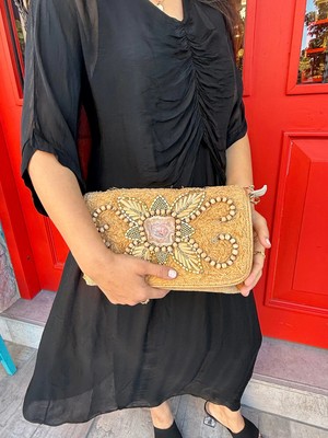 Doğal Taş Detaylı Hasır Çanta El Yapımı ve Bohem Tarz Kadın Çanta