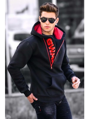 Madmext Siyah Kapüşonlu Fermuar Detaylı Sweatshirt 1767 Erkek Regular Fit Ekstra Kalın Kumaş