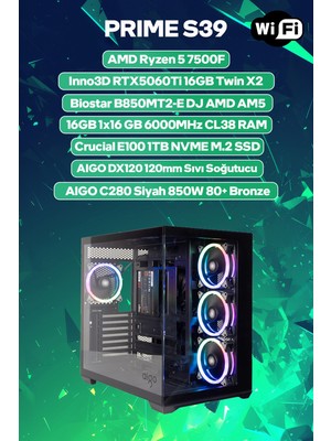 Game Garaj Prime S39 Amd Ryzen 5 7500F 16GB Ram 1tb SSD RTX5060TI 16GB 120MM Sıvı Soğt Freedos Oyuncu Oem Paket