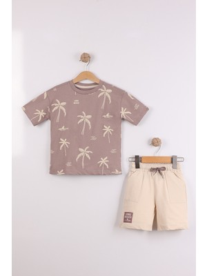 Joy Kids Erkek Çocuk %100 Pamuk Palmiye Kabartma Baskılı Penye Takım (3-6yaş) (Kahve-Krem)
