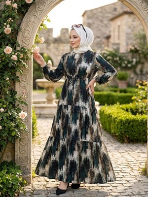 Mismoly Belden Bağlamalı Desenli Günlük Rahat Elbise