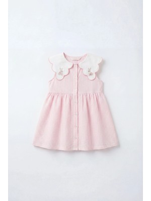 Magu Kız Çocuk Pamuklu Pembe Çizgili Tavşan Nakışlı Yakalı Elbise