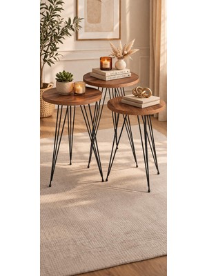 Mooncapella Çam 3'lü Yuvarlak Zigon Sehpa, Çay Sehpası, Metal Ayak, Yan Sehpa