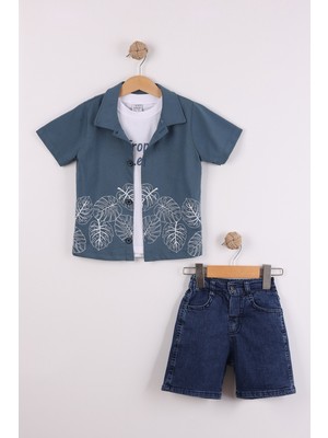 Joy Kids Erkek Çocuk %100 Pamuk Yaprak Baskılı Kot Şortlu 3'lü Takım (3-6yaş) (Kot)