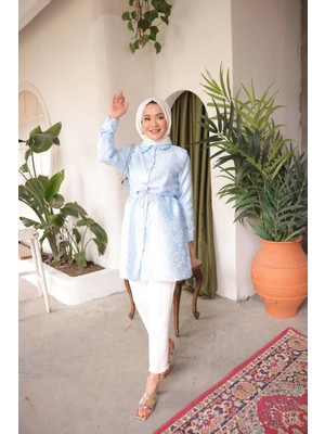 Comstar Kadın Jakarlı Şık Beli Lastikli Bebe Mavi Tonik Ceket