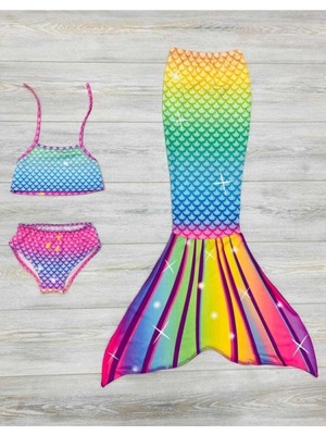 Pistyle Kız Çocuk Deniz Kızı Mayo Gökkuşağı Renkli 3'lü Takım.alt Üst Bikini ve Kuyruk.