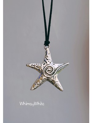 Whimsy White Spiral Deniz Yıldızı Siyah Süet Ip Kolye – Bohem Sahil Tarzı Yıldız Kolye (55+5 Cm)