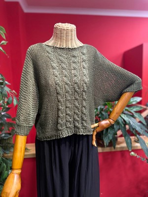 Haki Saç Örgü Triko Kazak - S-L