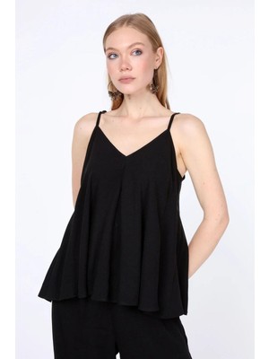 Keten Askılı Siyah Bluz - Şık ve Doğal Tasarım