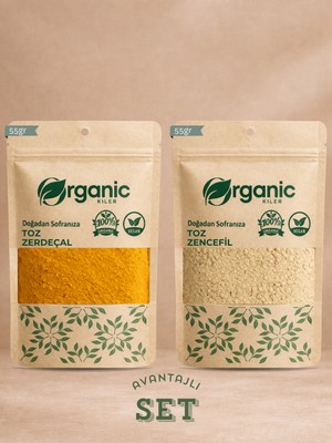 Organic Kiler Doğal Toz Zerdeçal 55GR & Toz Zencefil 55GR | Katkısız & Doğal Baharat Seti | 2'li Bitkisel Set |