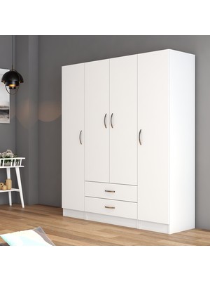 Tanmob 4 Kapılı Beyaz Modern Tasarımlı Iki Çekmeceli Geniş Gardrop Suntalam Malzemeden Üretilmiştir