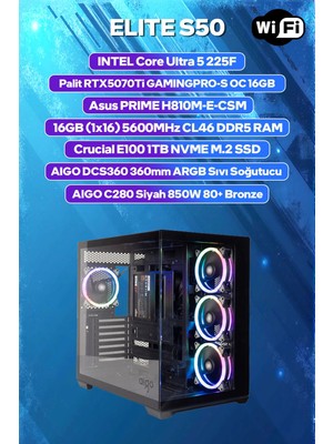 Game Garaj Elite S50 Intel Ultra 5 225F 16GB Ram 1tb SSD RTX5070TI 360MM Sıvı Soğt Freedos Oyuncu Oem Paket