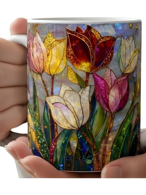 spldizayn Lale Desenli Mozaik Tasarımlı Kupa Bardak