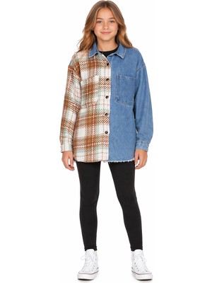 İrem Çocuk Giyim Kız Çocuk Yarı Kot Yarı Triko Model Ekose Desenli Çıtçıt Kapamalı Oversize Mavi Kot Gömlek Ceket