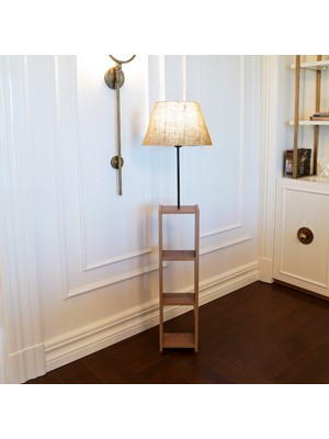 Homing Kumaş Lambader Jüt Keten Renk Ahşap Ayak Ceviz Renk 150 cm Yükseklik Modern Tasarım