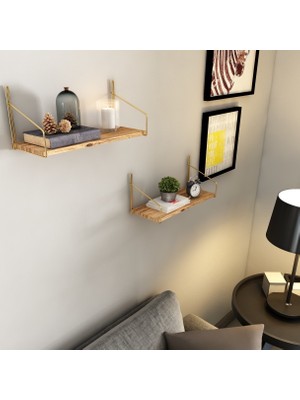 Bino Duvar Rafı Altın Renk 3'lü Set Modern Ahşap Metal Kitaplık Mutfak Banyo Kullanımı