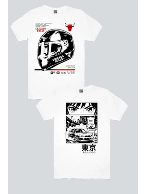 Rock&Roll Chicago Racing Beyaz, Drift Anime 2'li Erkek Tshirt Eko Paket